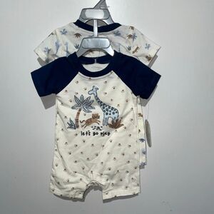 Lot of 2 Kyle & Deena Baby Blue White Cartoon Giraffe Romper Size 3-6 Months NWT